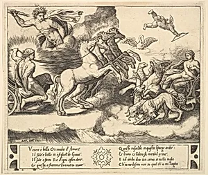 Apollo in his horse-drawn chariot at the left, above him above Jupiter hurls a thunderbolt, Venus at right in her chariot drawn by animals, from "Story of Apollo and Daphne" by Master of the Die|Raphael (Raffaello Sanzio or Santi)|Antonio Salamanca