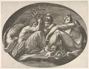 Apollo, Neptune, Pluto, and Athena seated on a cloud under an arch, an oval composition, from a series of eight compositions after Francesco Primaticcio's designs for the ceiling of the Ulysses Gallery (destroyed 1738-39) at Fontainebleau