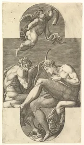 Apollo, Pan, and a Putto Blowing a Horn, a cruciform composition, from a series of eight compositions after Francesco Primaticcio's designs for the ceiling of the Gallery of Ulysses (destroyed 1738-39) at Fontainebleau