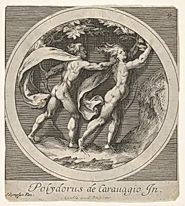 Apollo pursuing Daphne, whose toes take the form of tree roots, a round composition, reverse copy after a series of engravings by Cherubino Alberti of mythological scenes after Polidoro da Caravaggio by Anonymous|Cherubino Alberti (Zaccaria Mattia)|Polidoro da Caravaggio|Samuel Sympson