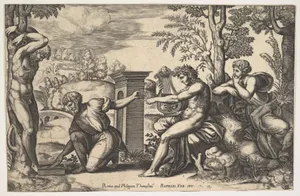 Apollo seated at the right with a lyre on his knee, pointing to a kneeling man who is about to flay Marsyas who is tied naked to a tree at left