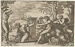 Apollo seated at the right with a lyre, pointing to a kneeling man who is about to flay Marsyas tied naked to a tree at left by Philippe Thomassin|Master of the Die|Raphael (Raffaello Sanzio or Santi)