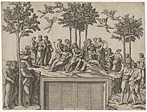 Apollo sitting on Parnassus surrounded by the muses and famous poets by Raphael (Raffaello Sanzio or Santi)|Marcantonio Raimondi