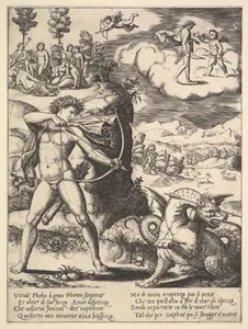 Apollo standing at left shooting a python with an arrow, above to the left are the muses and at right on a cloud Cupid approaching Apollo, from "Story of Apollo and Daphne"