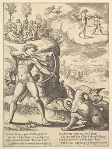 Apollo standing at left shooting a python with an arrow, above to the left are the muses and at right on a cloud Cupid approaching Apollo, from the 'Story of Apollo and Daphne'