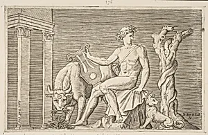 Apollo tending the flocks of Admetus, Apollo seated holding a lyre and flanked by a cow and a dog, a serpent winding around a dead tree at right by Giovanni Giacomo De Rossi|Marco Dente|Antonio Salamanca