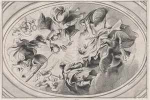 Apotheosis of James I, with the king seated at the bottom, an eagle below him, two angels holding a laurel above him, surrounded by putti