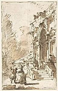 Architectural Capriccio: Garden Entrance to a Palace (recto); Three Masked and Costumed Figures and Other Figure Studies (verso) by Francesco Guardi