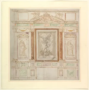 Architectural Design for a Monumental Altar, with a Composition with Saint Michael Against Satan and two Saints (Saints Peter and Paul?)