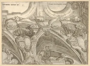 Architectural detail of an elaborate cornice, seen from below