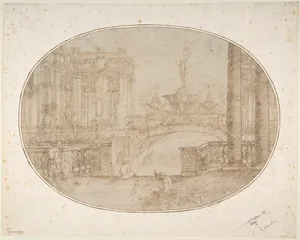 Architectural Perspective for a Stage Set with a Bridge, Statues and a Fountain in the Background and Human Figures in the Foreground
