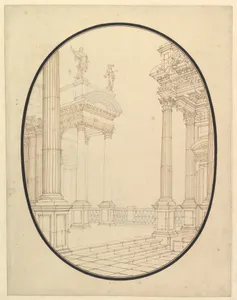 Architectural Perspective, in an Oval: Porch of a Palace with Corinthian Colums.
