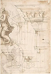 Architectural Sketches and a Figure (recto); Figure and Anatomical Sketches (verso) by Anonymous, Italian, 16th century