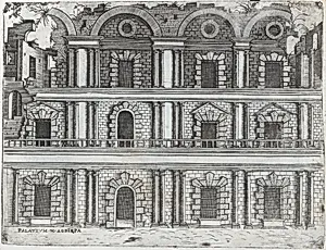Arcus Vespasiani, from a Series of Prints depicting (reconstructed) Buildings from Roman Antiquity by Monogrammist G.A. & the Caltrop