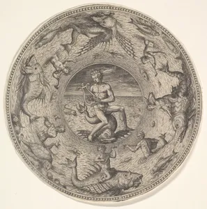 Arion on a Dolphin surrounded by a Border decorated with Sea Creatures, from a Set of Circular Designs with Sea Gods