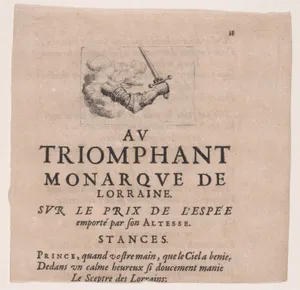 Arm Emerging from a Cloud Holding a Sword, from Le Combat a la Barrière in the Palace at Nancy by Henri Humbert, printed by Sebastien Phillipe
