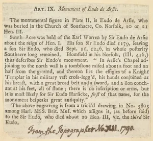 Art. IX. Monument of Eudo de Arsic (from, "The Topographer," no. XII, 1790)