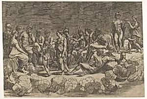 Assembly of the Gods after the ceiling composition in the Loggia di Psiche, Villa Farnesina, Rome by Giovanni Jacopo Caraglio|Giovanni Francesco Penni|Raphael (Raffaello Sanzio or Santi)