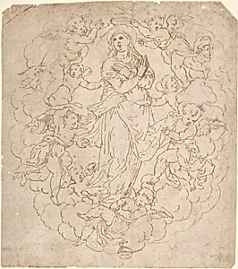 Assumption of the Virgin (Recto); Figure Sketches (Verso) by Anonymous, Italian, 16th century