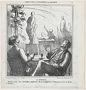 At the bar, meeting point for the true lovers of French sculpture and Bavarian beer, from 'Exhibition sketches,' published in Le Charivari, June 3, 1865 by Aaron Martinet|Honoré Daumier|Destouches