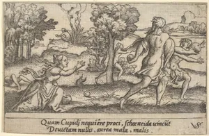 Atalanta and Hippomemes, in the foreground Atalanta kneeling to pick up an apple and Hippomemes running with an apple in either hand, in the landscape background Atalanta running, from a series of four mythological scenes