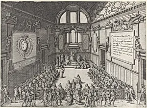 Audience given by Pope Pius V to Cosimo I, Duke of Tuscany by Giovanni Ambrogio Brambilla|Pope Pius V|Cosimo I de' Medici, Grand Duke of Tuscany