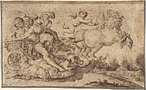 Aurora and Cephalus: Engraver's study after decoration in the Galleria Farnese, Rome by Anonymous, Italian, Roman-Bolognese, 17th century