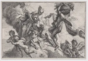 Autumn: allegorical scene with figures seated on clouds with a bull and ram