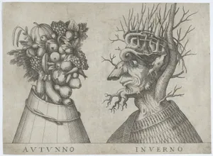Autumn and Winter: two heads made from flora typical of those seasons