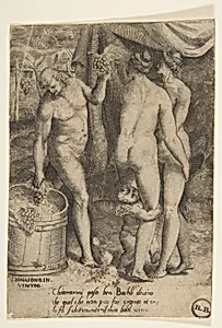 Bacchus at left giving grapes to women, from "The Loves of the Gods" by Giulio Bonasone