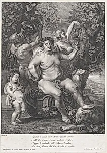 Bacchus seated on a barrel in front of grapevines, with bacchantes, satyrs, and children surrounding him by Peter Paul Rubens|Pietro Peiroleri