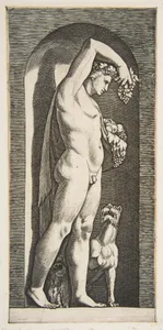 Bacchus standing in a niche holding grapes in his raised right hand, fruit in his left hand, a dog lower right