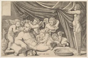 Bacchus surrounded by Putti, a statue of Priapus at right