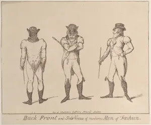 Back, Front, and Side Views of Modern Men of Fashion: Fashions a little before 1800