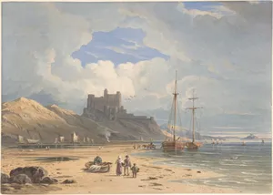 Bamborough Castle from the Northeast, with Holy Island in the Distance, Northumberland