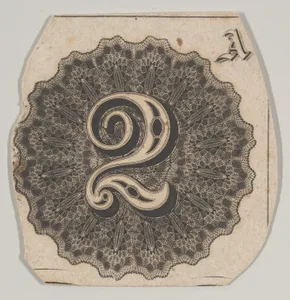 Banknote motif: number 2 against a circular panel of lathe work with a scalloped edge