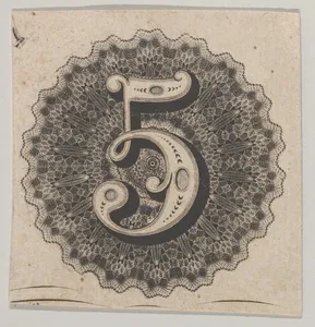 Banknote motif: number 5 against a circular panel of lace-like lathe work with a scalloped edge