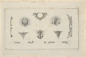 Banknote motif: ten different ornamental lathe work elements including a disk embellished with berries and flowers, a wreathed sword, a set of scales, a berried vine, an anchor and chain, a bracket of vine leaves and four designs for borders