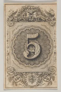 Banknote motif: the number 5 set against a scallop-edged circle of ornamental lathe work, within a rectangle with cut off corners, the top adorned with a vase and swans, the bottom with fruit and grain