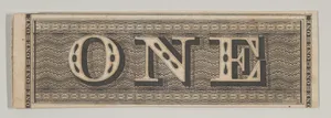 Banknote motif: the word ONE set against a rectangular band of lathe work