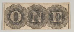 Banknote motif: the word ONE with each letter set against a circle of lathe work