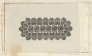 Banknote motifs: panel of lathe work ornament with rounded ends, with a repeating floral pattern