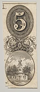 Banknote motifs: the number 5 and a building topped with a cupola by Asher Brown Durand|A. B. & C. Durand & Company|Durand, Perkins, and Company|Cyrus Durand