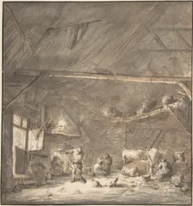 Barn Interior with Peasants and CowsVerso: Six Studies of Peasants