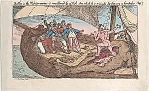 Bathes in the Mediterranean, is swallowed by a fish, from which he is extricated by dancing a hornpipe by Thomas Tegg|Thomas Rowlandson