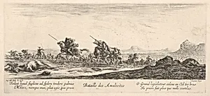 Battle of the Amalekites (Bataille des Amalecites), Amalekites on horseback gallop towards the left, pursued by the Israelites, a dead man to right, a dead horse to left by Stefano della Bella