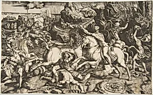 Battle scene in a landscape with soldiers on horseback and several fallen men, another group of riders in the background by Giulio Romano|Marco Dente|Raphael (Raffaello Sanzio or Santi)