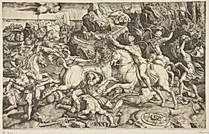 Battle scene in a landscape with soldiers on horseback and several fallen men, another group of riders in the background by Raphael (Raffaello Sanzio or Santi)|Giulio Romano|Marco Dente