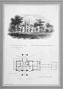 "Belmead", James River, Virginia, Residence of Philip St. George Cocke (vignette of riverside elevation and plan) by Alexander Jackson Davis
