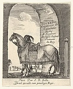 Beneath an archway, a groom holds the bridle of a horse shown in profile, facing left, the title page for 'Various cavalry exercises' (Diverses exercices de cavalerie) by Stefano della Bella|Israël Henriet